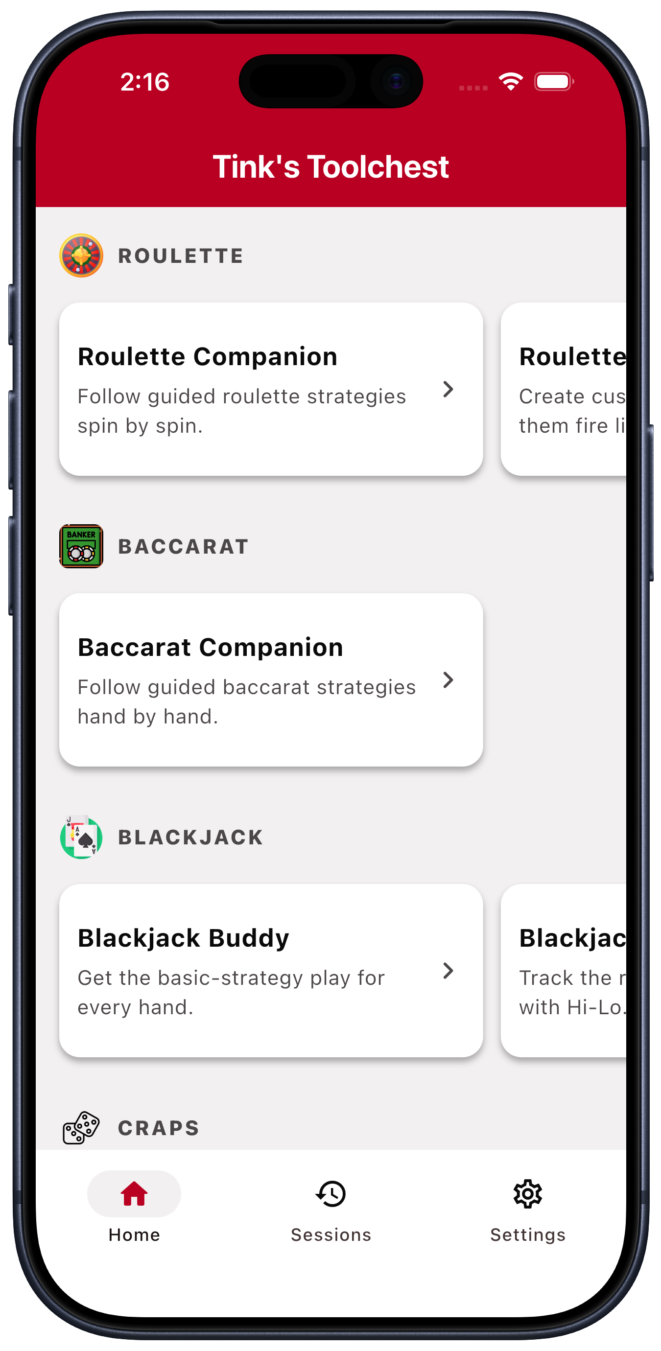 Tink's Toolchest app showing roulette, baccarat, craps, and blackjack tools